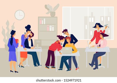 Business people working in office, talking, communicating and discussing. Office employees, men and women cooperative teamwork, partnership and cooperation. Flat cartoon vector illustration.
