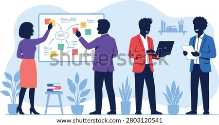 Business people working in office, team brainstorming with sticky notes on whiteboard, corporate meeting illustration, flat design marketing assets, creative work project