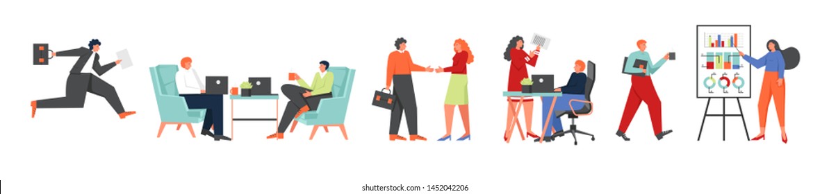 Business people working in office, vector flat style design illustration. Businessmen and businesswomen meeting, giving presentation, making deal, working on laptop. Office situations with characters.