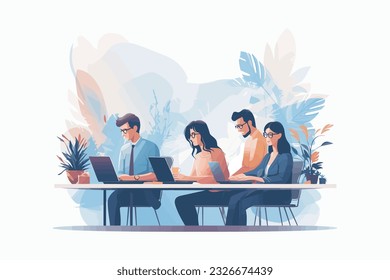 Business people working in office vector illustration. Cartoon flat man and woman sitting at table and talking. Teamwork, meeting, brainstorming concept
