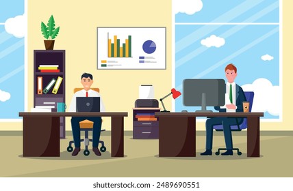Geschäftsleute arbeiten im Büro. Vektorillustration im flachen Cartoon-Stil.