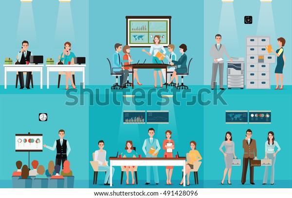 Business\
people working in office, office workers, taking on phone, copying\
file, presentation, meeting teamwork, office people life, Cartoon\
character flat design vector\
illustration.
