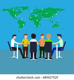 Business people working in office with world map., vector illustration