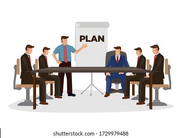 Business People Are Working In Office. Young Junior Worker Making Presentation To His Boss. Cartoon Character Vector Isolated On White Background.