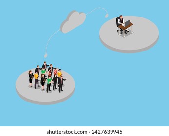 Business people working on cloud computing network isometric 3d vector illustration