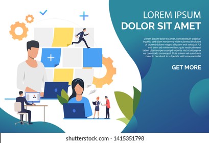 Business people working on computer presentation slide. Office, note, computer, objective, sample text. Business concept. Vector illustration for poster, presentation, new project