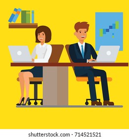 Business people working on computer in office. Teamwork, person job, businessman and businesswoman, vector illustration