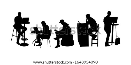 Business people working on computer in office silhouette. Man with laptop. Corporate workplace office. Woman typing on pc. Worker programming in IT hub. Software developer. Freelancer creative job.
