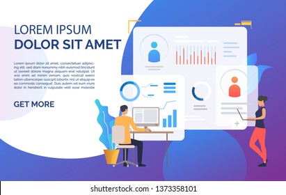 Business people working on computers and sample text. Analysis, management, technology concept. Presentation slide template. Vector illustration for topics like business, analytics, finance