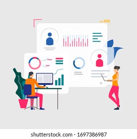 Business people working on computers, analyzing financial charts. Analysis, management, technology concept. Vector illustration can be used for topics like business, analytics, finance