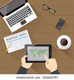 business people working on a desk, Vector top view of desk prepare working for text. Flat design illustration.