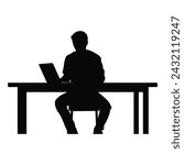 Business people working on laptop vector silhouette, Man working on laptop with office table desk.