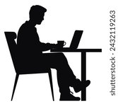 Business people working on laptop vector silhouette, Man working on laptop with office table desk.