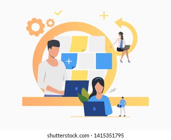 Business people working on laptop. Office, making notes, computer, business success. Business concept. Vector illustration for poster, presentation, new project