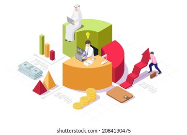 Business People Working On Laptop Computers Sitting On Pie Chart, Flat Vector Isometric Illustration. Financial Data Analysis And Business Statistics.