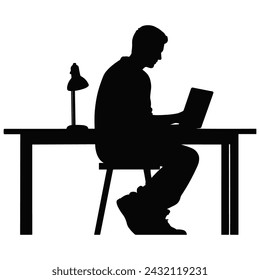 Business people working on laptop vector silhouette, Man working on laptop with office table desk.