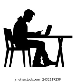 Business people working on laptop vector silhouette, Man working on laptop with office table desk.