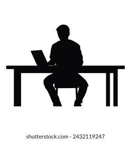 Business people working on laptop vector silhouette, Man working on laptop with office table desk.