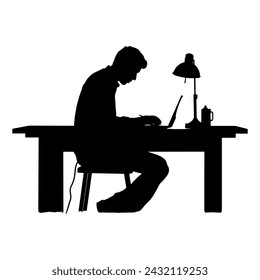 Business people working on laptop vector silhouette, Man working on laptop with office table desk.