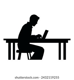 Business people working on laptop vector silhouette, Man working on laptop with office table desk.