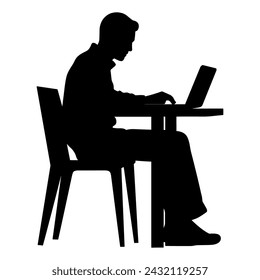 Business people working on laptop vector silhouette, Man working on laptop with office table desk.