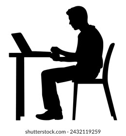 Business people working on laptop vector silhouette, Man working on laptop with office table desk.