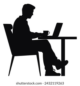 Business people working on laptop vector silhouette, Man working on laptop with office table desk.