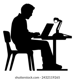 Business people working on laptop vector silhouette, Man working on laptop with office table desk.