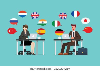 Business people working on a laptop speaking many different languages. Multi language translator concept illustration. Vector illustration