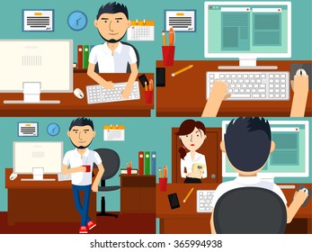 Business People Working on an Office Desk. Vector illustration.