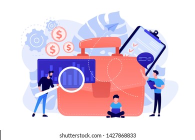 Business people working on plan with magnifier and laptop. Business plan, market analysis and business goals concept on white background. Coral pink palette vector isolated illustration.