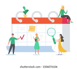 Business People Working on Schedule. Tiny Characters Planning Work Project on Desk Calendar. Reminder, Time Table Concept. Man and Woman Working Together. Vector illustration
