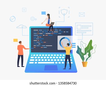 Business people working over laptop development vector illustration. Web development, interface, coding. Computer concept. Design for website templates, posters, banners