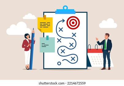 Business people working with  plan on paper. Strategy, marketing, business development. Flat vector illustration.