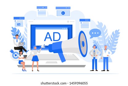 Business people working presentation in various action with sitting, standing and walking character vector design. Online Advertising concept.