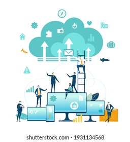 Business people working remote, business online, cloud data, cloud security, personal  data protection. Business concept illustration