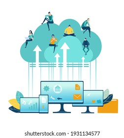 Business people working remote, business online, cloud data, cloud security, personal  data protection. Business concept illustration