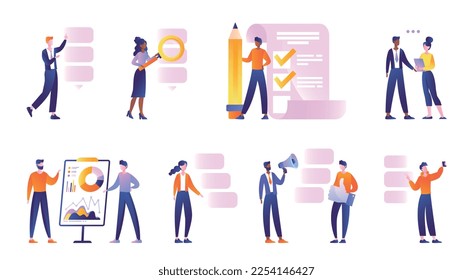 Business people working set. Collection of scenes with business processes, man and woman with documents, graph, chart and diagrams. Cartoon flat vector illustrations isolated on white background