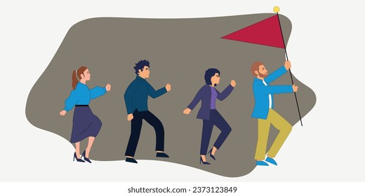 Business people working at a startup company raising a flag , Happy Business Team Vector , Business Entrepreneur Team Illustration
