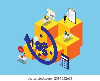 Business people working in synergy on cubes 3d isometric vector concept for landing page, banner, illustration