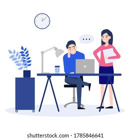 Business people working. People talking and working on laptop in office. Flat design characters. Vector illustration.