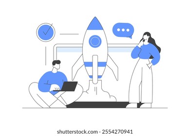 Business people working in a team. Rocket launch project. A group of people put forward an idea, start a new creative project.  Flat Cartoon Vector Illustration, icon. Stylish abstract