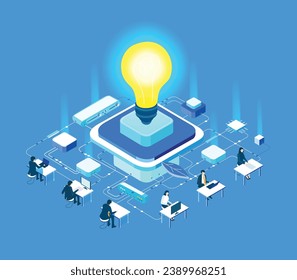 Las personas de negocios están trabajando juntas en torno a la gran bombilla, la prospección de datos, el análisis y la cooperación. Entorno empresarial isométrico. Ilustración fográfica