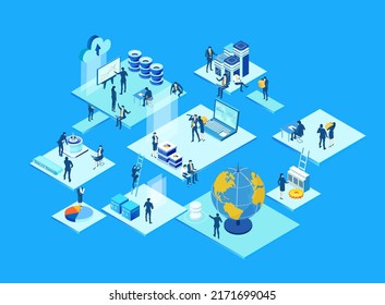 Business people working together in big open space office, solving the problems, making decisions and progress. Isometric environment  illustration