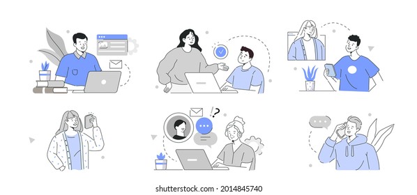 Business people working together. Characters meeting, having video call and communicating with colleagues and clients. Business activities concept. Flat cartoon vector illustration and icons set.