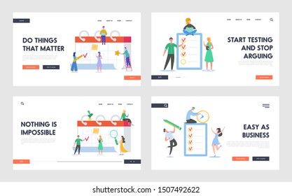 Business People Working Together with Checklist and Calendar Landing Page. Tiny Characters Completing Business Tasks List. Man and Woman with Reminder and Schedule for Website. Vector illustration