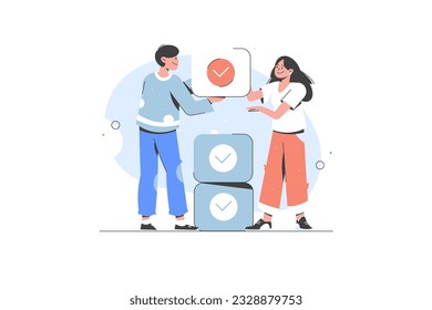 Business People Working Together With Checklist. Done job, to do list with checkboxes, for web banner. Team work concept. Vector flat illustration