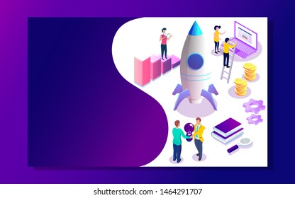 Business people working together company growth or successful project launching a rocket for Financial start up concept based isometric design.