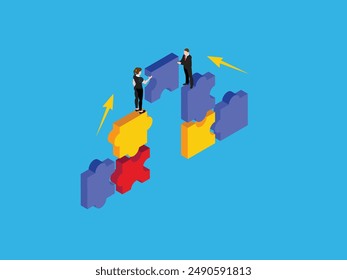 Business people working together to complete a puzzle 3d isometric vector illustration