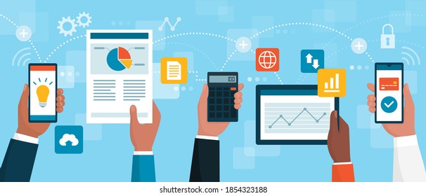 Business people working together and connecting online, they are holding mobile devices and financial charts, business and technology concept